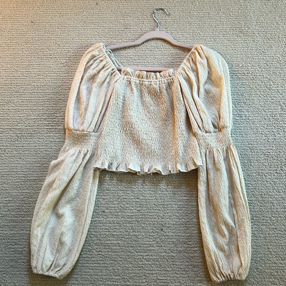 Line & Dot Cream Long-Sleeve Smocked Shirt w/Square Neckline